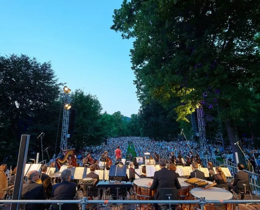 Jedes Jahr gibt es das große Konzert in der lichtentaler Allee in Baden-Baden mit den Philharmonikern. Die Philharmonische Sommernacht ist ein großer Events, bei dem sich die zuschauer zum Picknick auf den Wiesen der Allee einfinden, um klassische Musik und Opern zu hören.