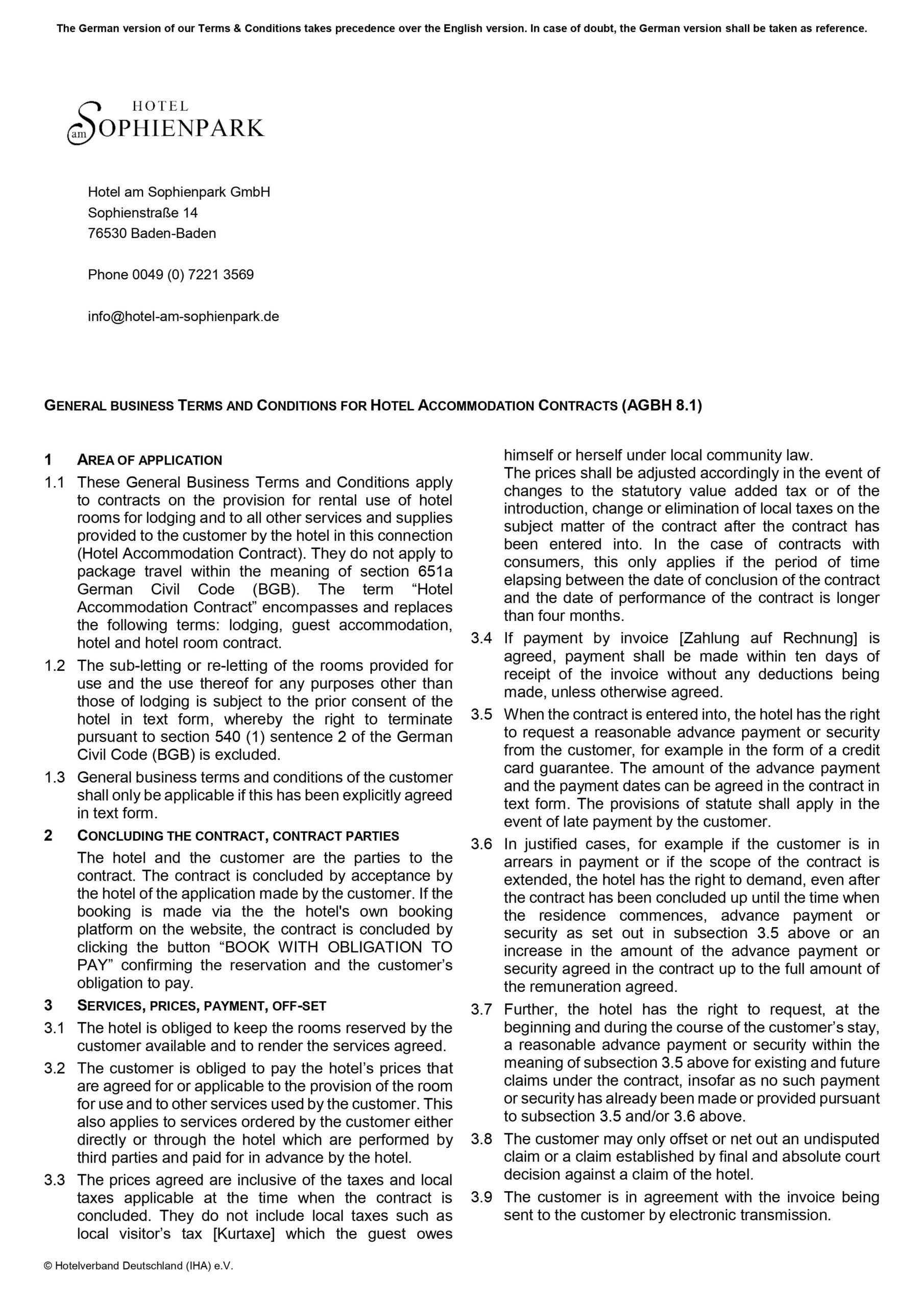 GENERAL BUSINESS TERMS AND CONDITIONS FOR HOTEL ACCOMMODATION CONTRACTS HOTEL AM SOPHIENPARK BADEN-BADEN