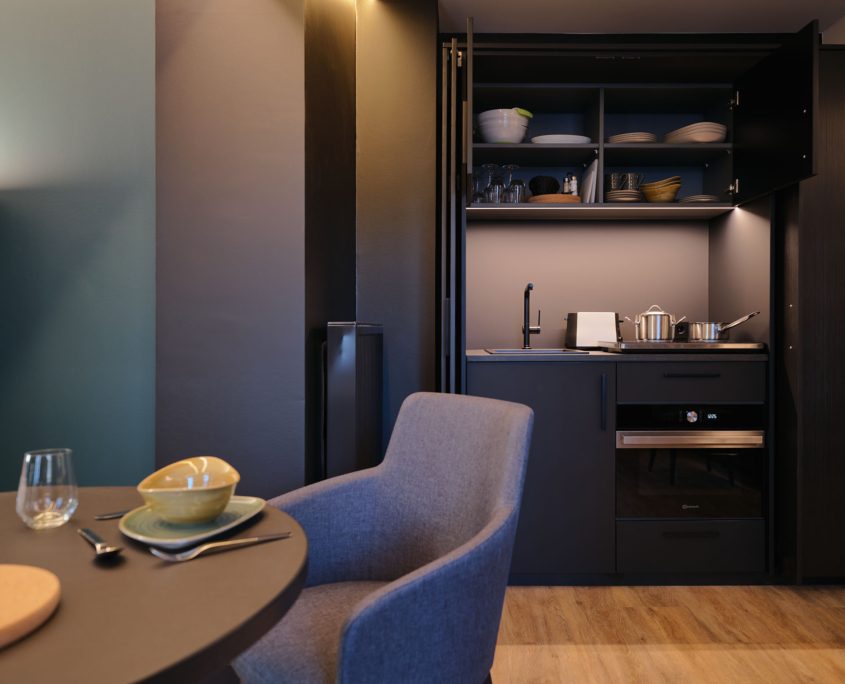 In vielen Zimmern der hotel am Sophienpark Dependance in Baden-Baden können Sie eine vollausgestattete Kitchenette dazu buchen.