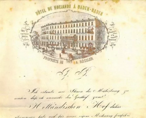 Auf dem Foto sieht man das Hotel zum Holländischen Hofe in der heutigen Sophienstraße 14 in Baden-Baden um 1840.