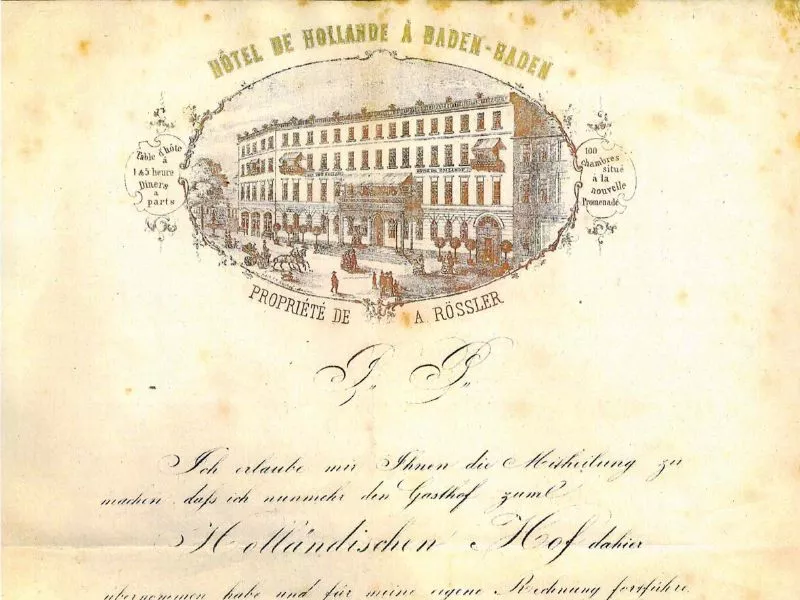 Auf dem Foto sieht man das Hotel zum Holländischen Hofe in der heutigen Sophienstraße 14 in Baden-Baden um 1840.