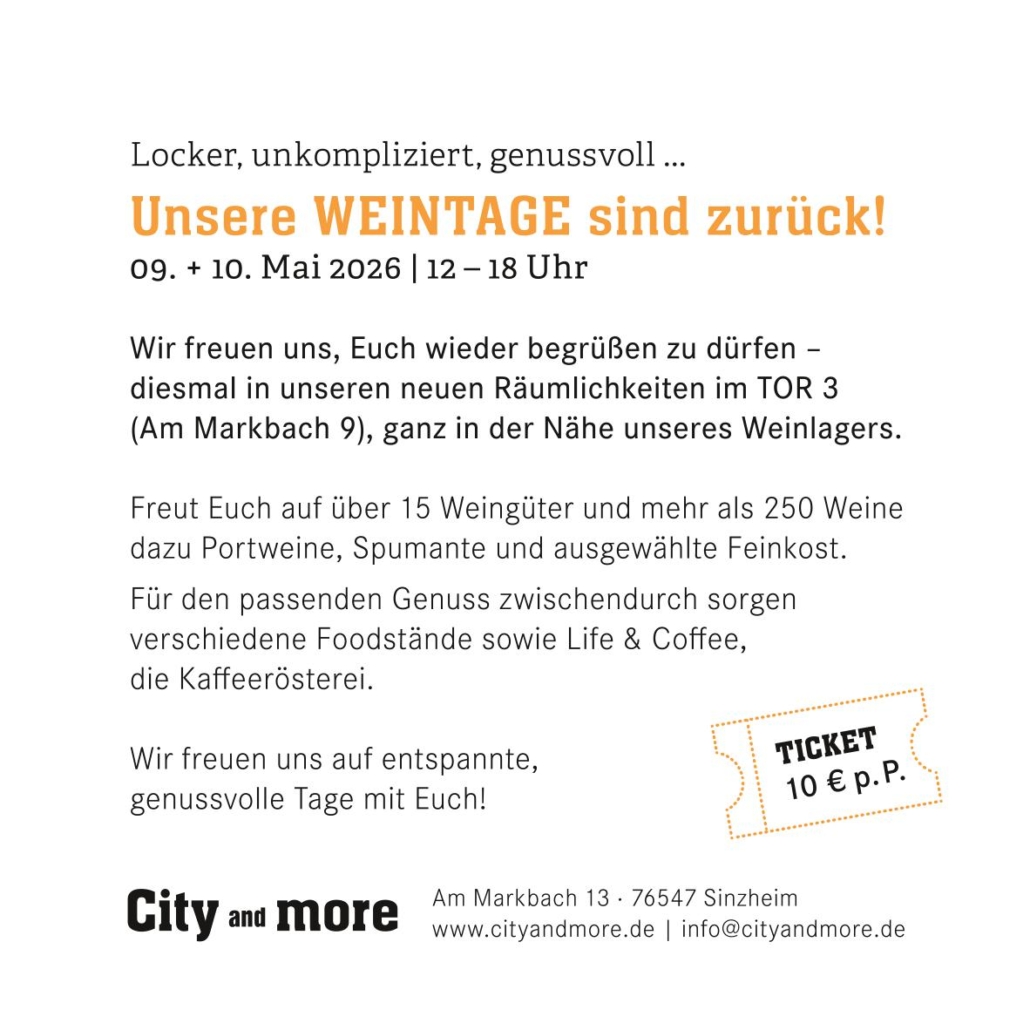Weintage 2026 Die City and More Weintage finden am 9. und 10. Mai in Sinzheim bei Baden-Baden statt. Joachim Altvater wird mit dem 1733 Foodtrailer dabei sein und feine Levante Küche servieren.