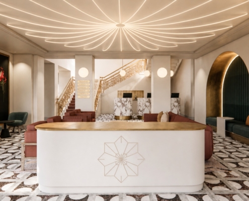 Die Lobby im THE FLORIS in Baden-Baden wird das Herzstück des Hotels. Nach der Renovierung des Hotel am Sophienpark öffnet es unter dem Namen THE FLORIS im Jahr 2027