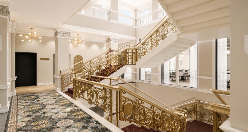 Rend_Treppenhaus Das historische Treppenhaus mit den großzügigen Emporen war bereits im Hotel am Sophienpark ein Highlight. Im neuen THE FLORIS erstrahlt es in seiner ursprünglichen Farbe.